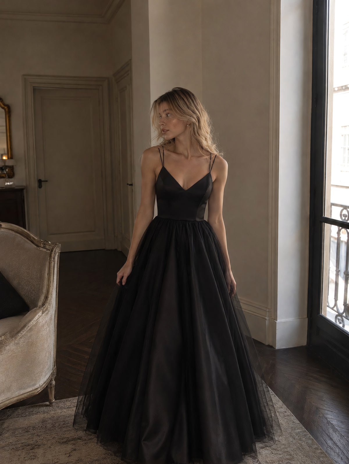 Double-strap A-line long dress