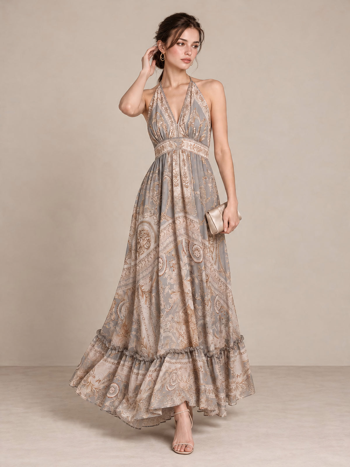 Vintage Print Halterneck Long Dress