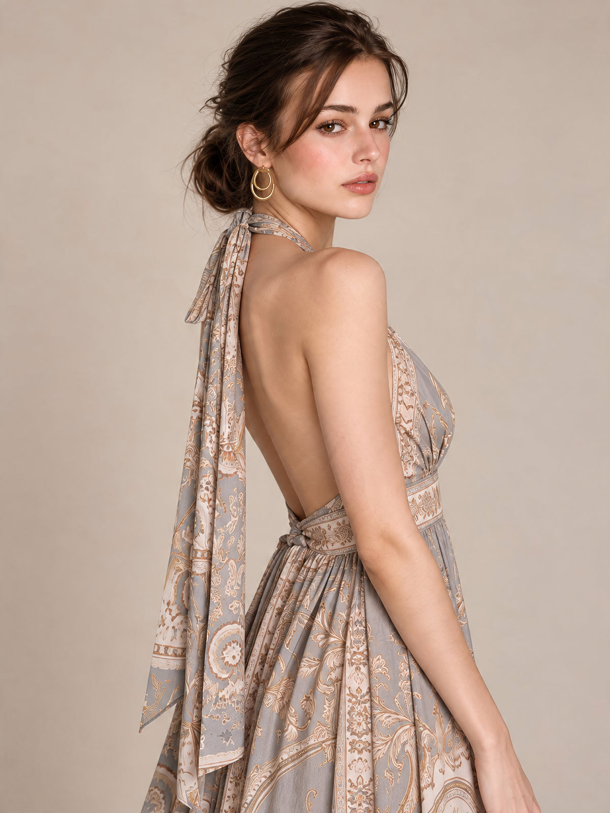 Vintage Print Halterneck Long Dress