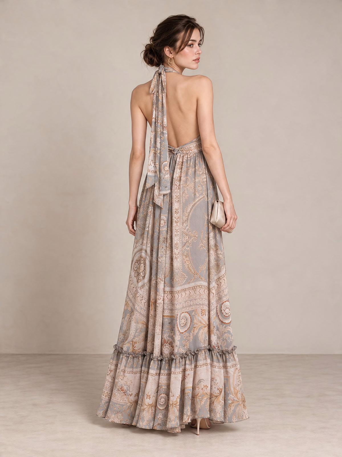 Vintage Print Halterneck Long Dress