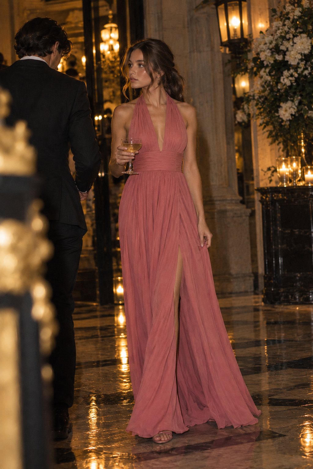 Halter slit drape long dress